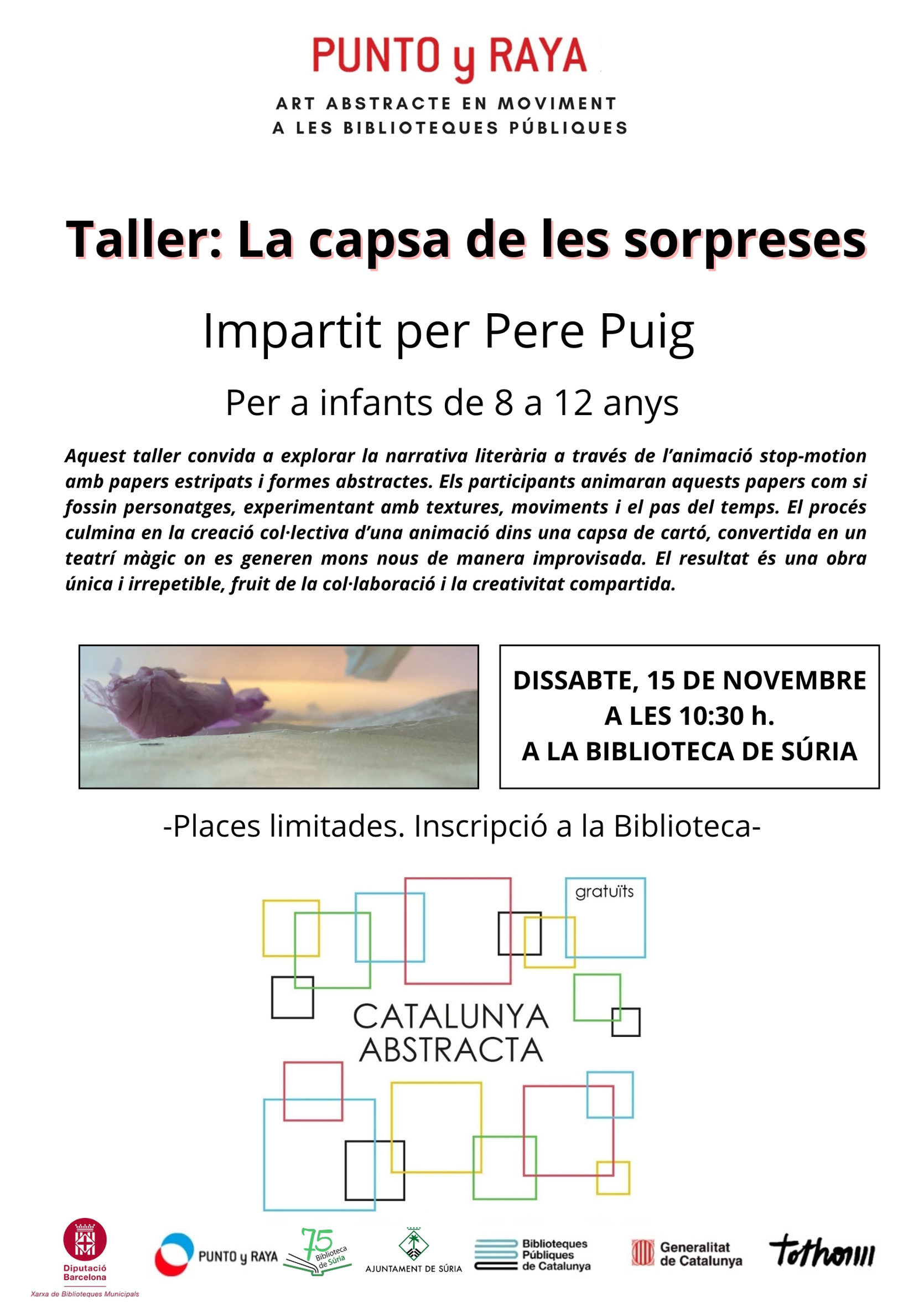 Cartell del taller 'La Capsa de les Sorpreses' a la Biblioteca Pública - Dissabte 15 de novembre.