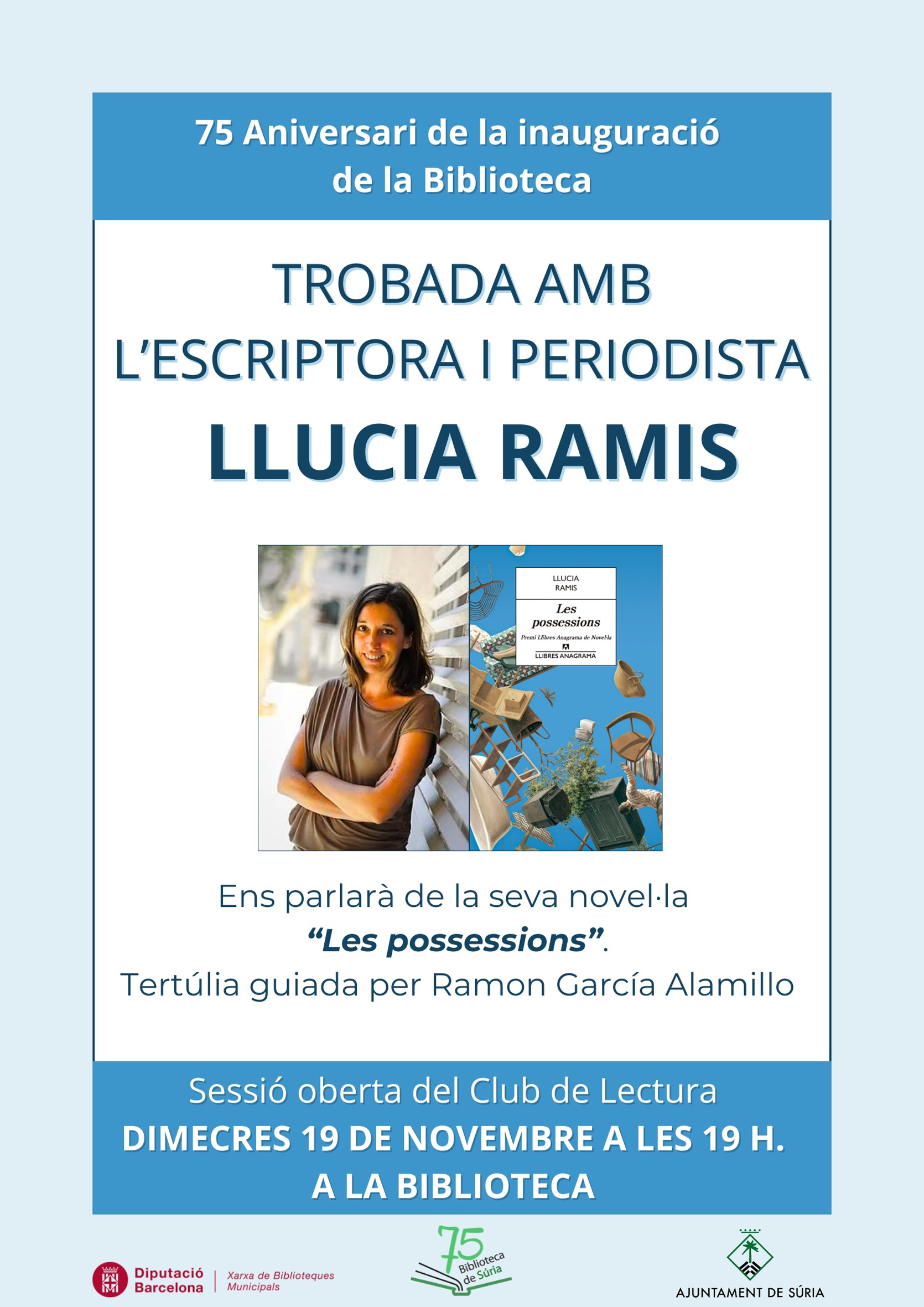 Cartell de la trobada del Club de Lectura de la Biblioteca Pública amb Llucia Ramis - Dimecres 19 de novembre.