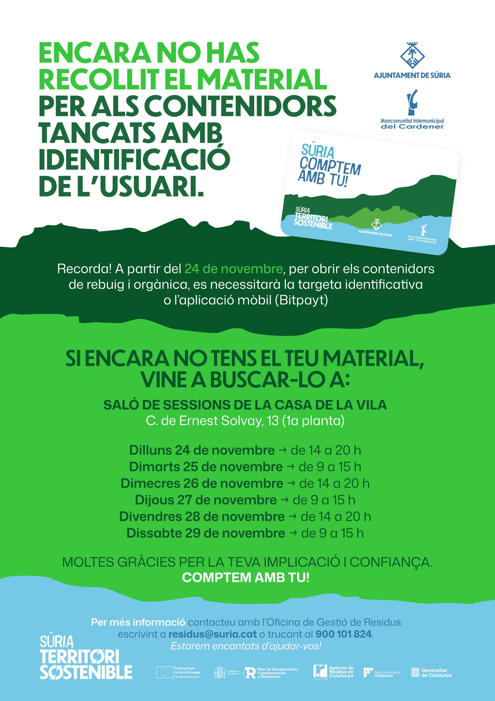 Cartell informatiu sobre el calendari de punts de recollida del material per als nous contenidors - Novembre de 2025.