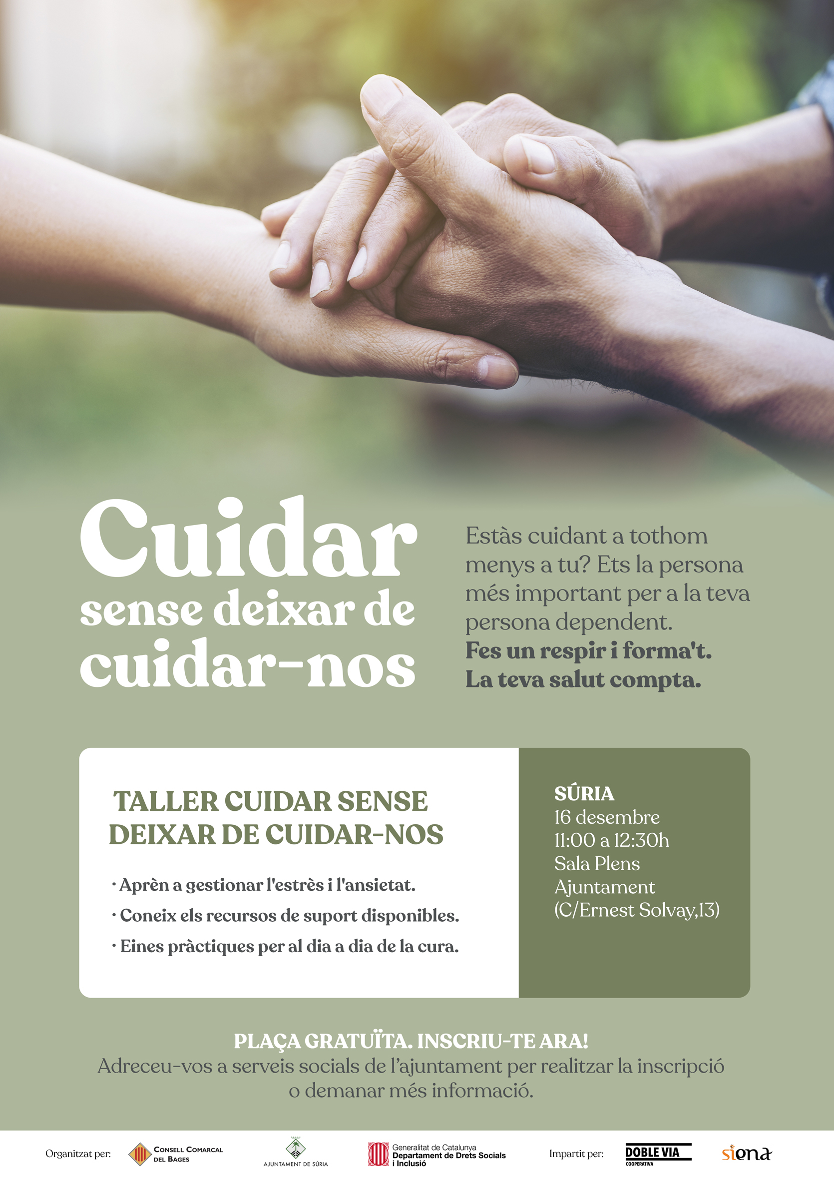 Cartell del taller per a persones cuidadores 'Cuidar sense deixar de cuidar-nos' - Dimarts 16 de desembre.