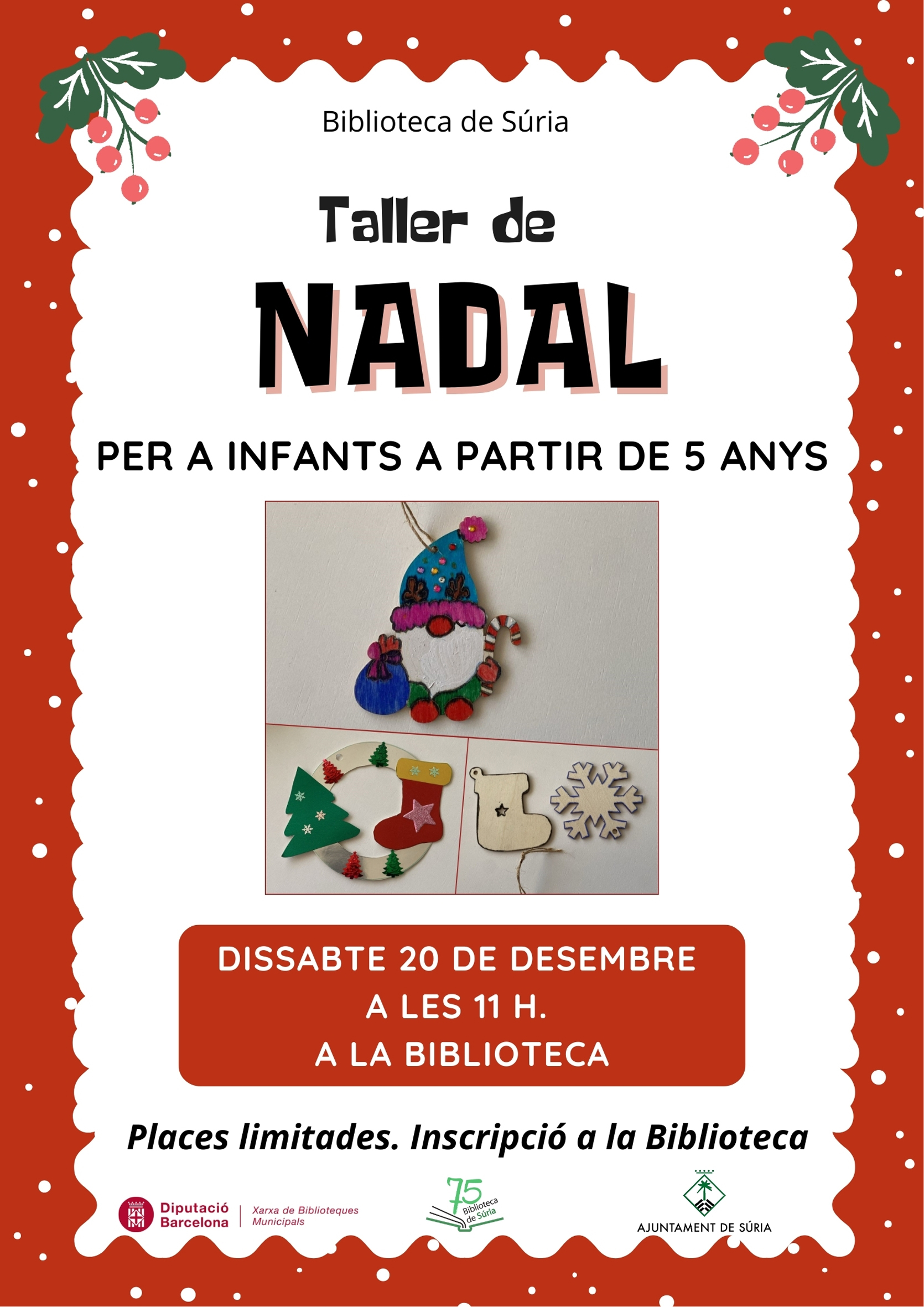 Cartell del taller de Nadal per a infants a la Biblioteca Pública - Dissabte 20 de desembre.