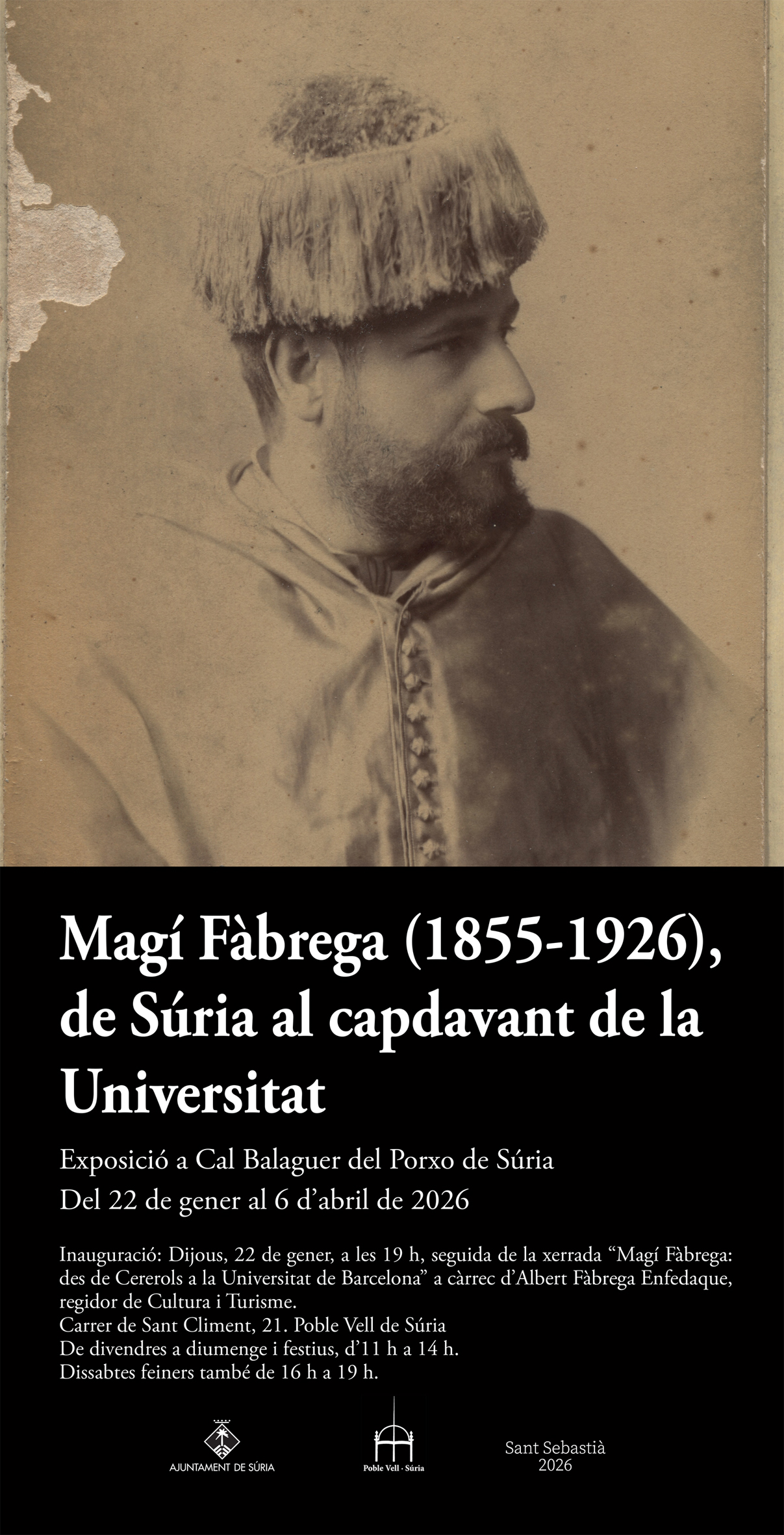 Cartell de l'exposició 'Magà Fà brega (1855-1926), de Súria al capdavant de la Universitat’, dins de l'Any Magà Fà brega - De gener a abril de 2026. .