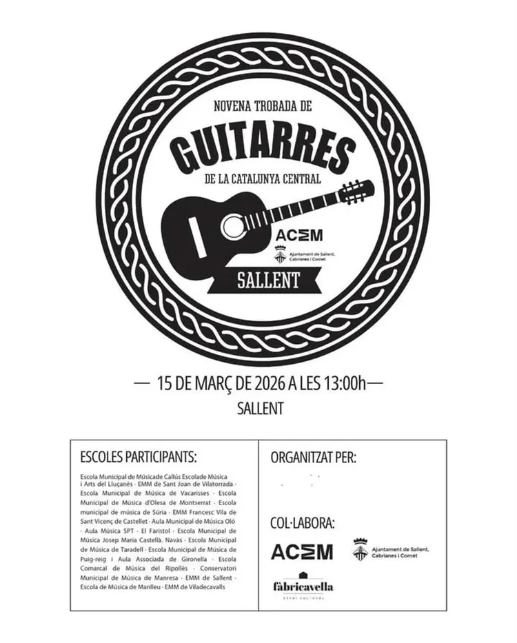 Cartell de la 9a Trobada de Guitarres de la Catalunya Central a Sallent - Diumenge 15 de mar&ccedil;.