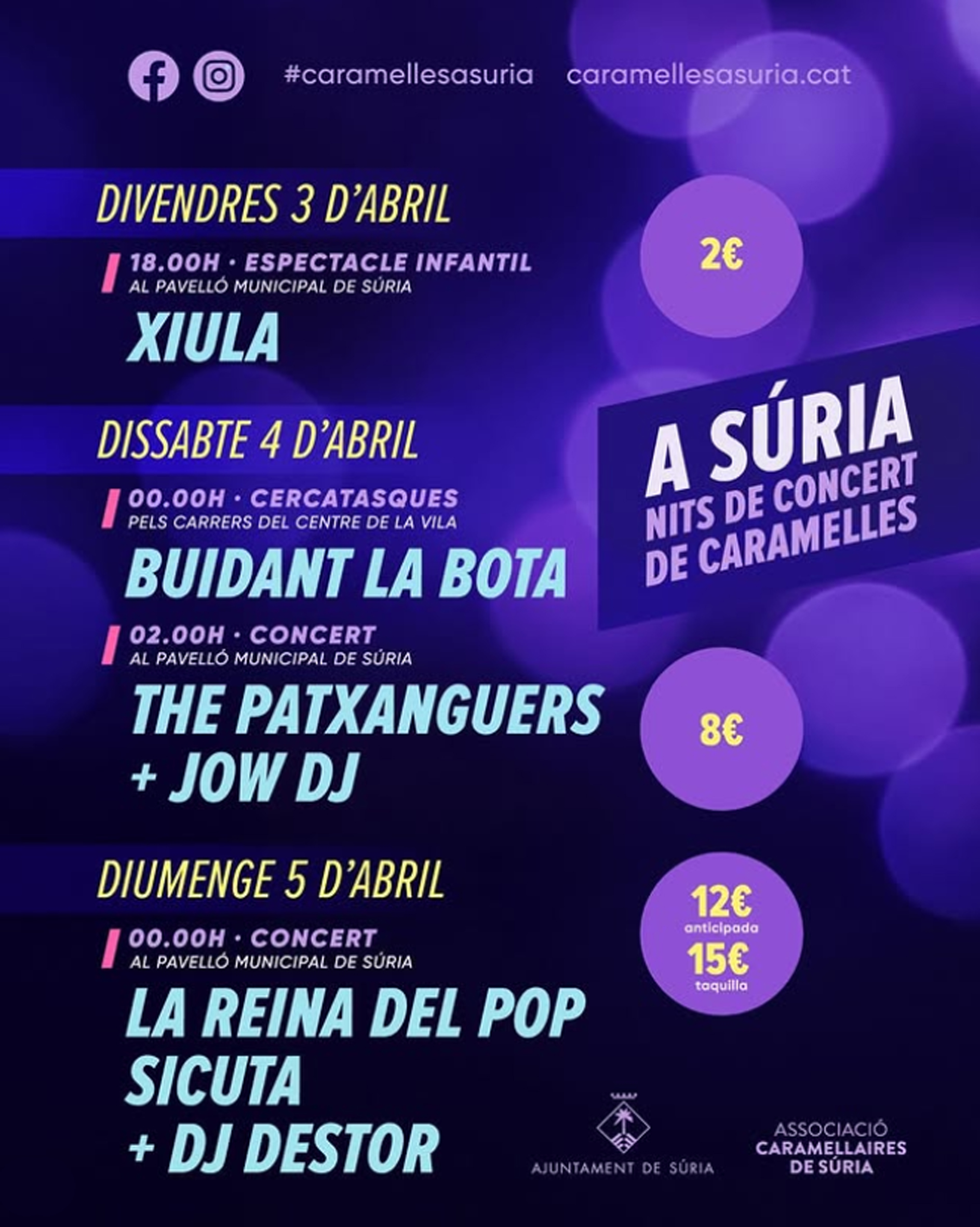 Cartell dels concerts de les Caramelles de S&uacute;ria - Dies 3, 4 i 5 d'abril.