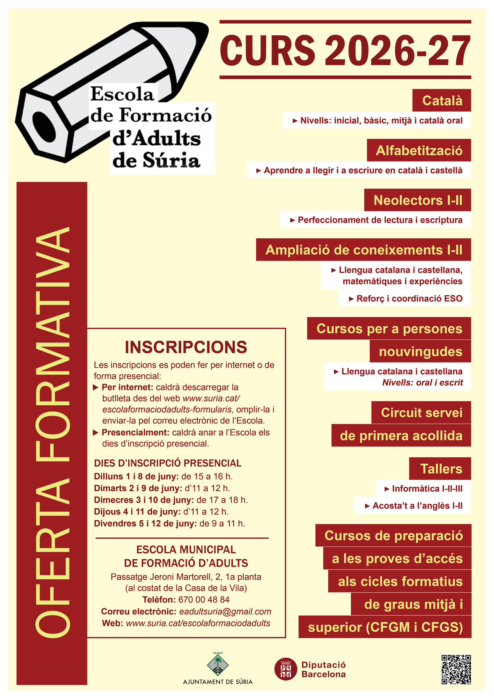 Cartell del per&iacute;ode d'inscripcions de l'Escola Municipal de Formaci&oacute; d'Adults - De l'1 al 12 de juny.