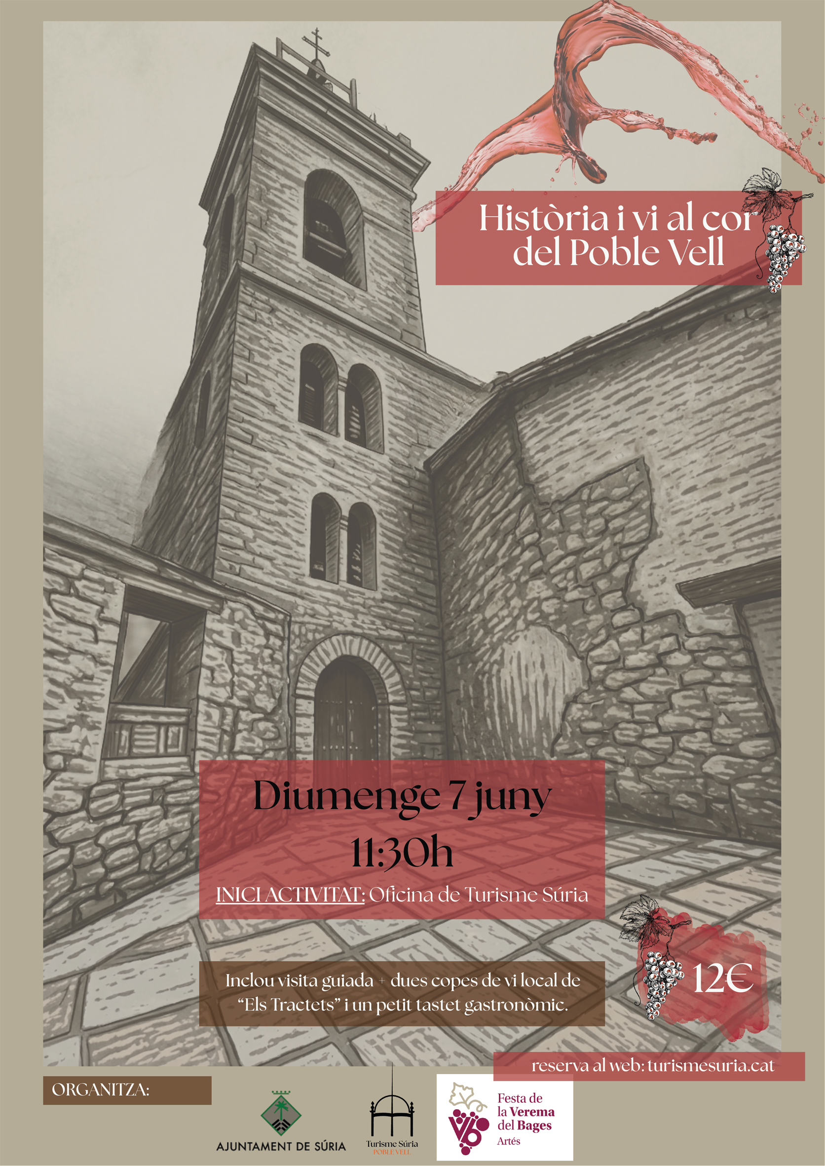 Cartell de la visita guiada i tast 'Hist&ograve;ria i vi al cor del Poble Vell' - Diumenge 7 de juny.