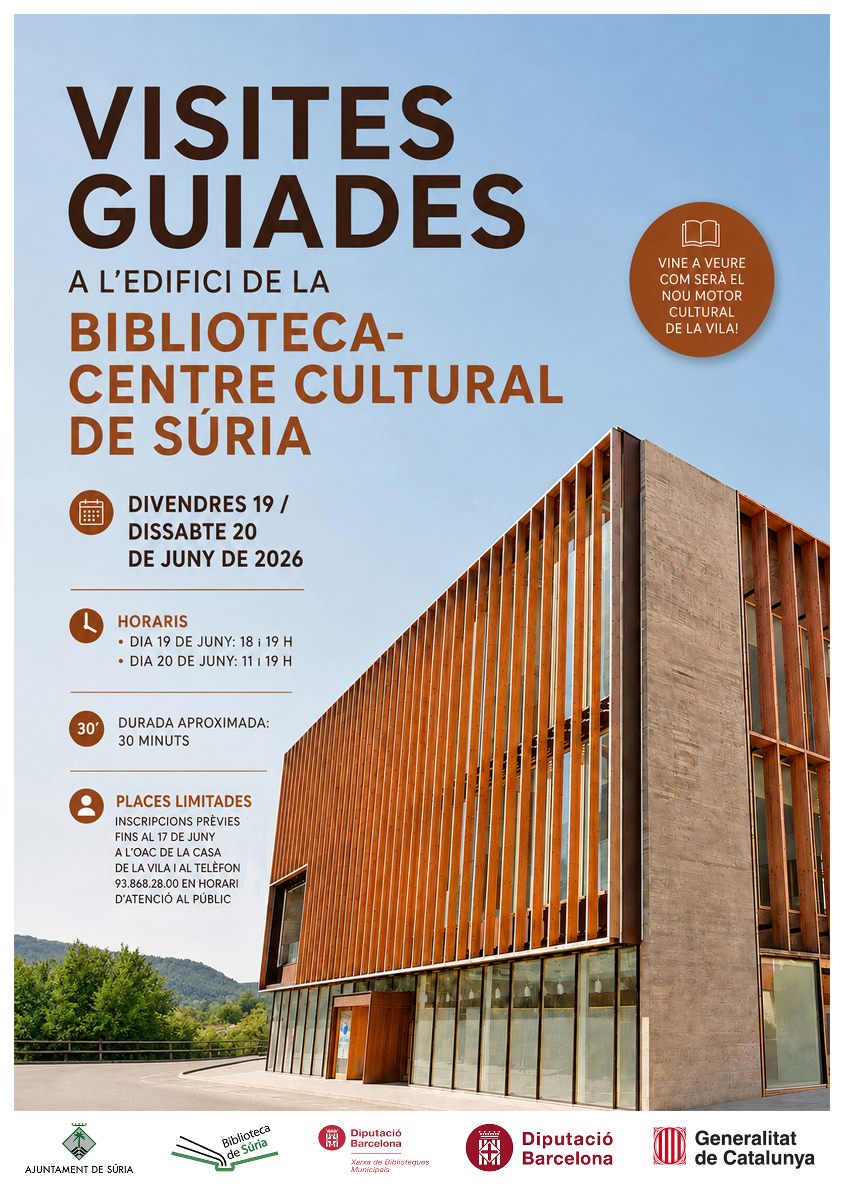 Cartell de les visites guiades a l'edifici de la futura Biblioteca-Centre Cultural - Divendres 19 i dissabte 20 de juny.