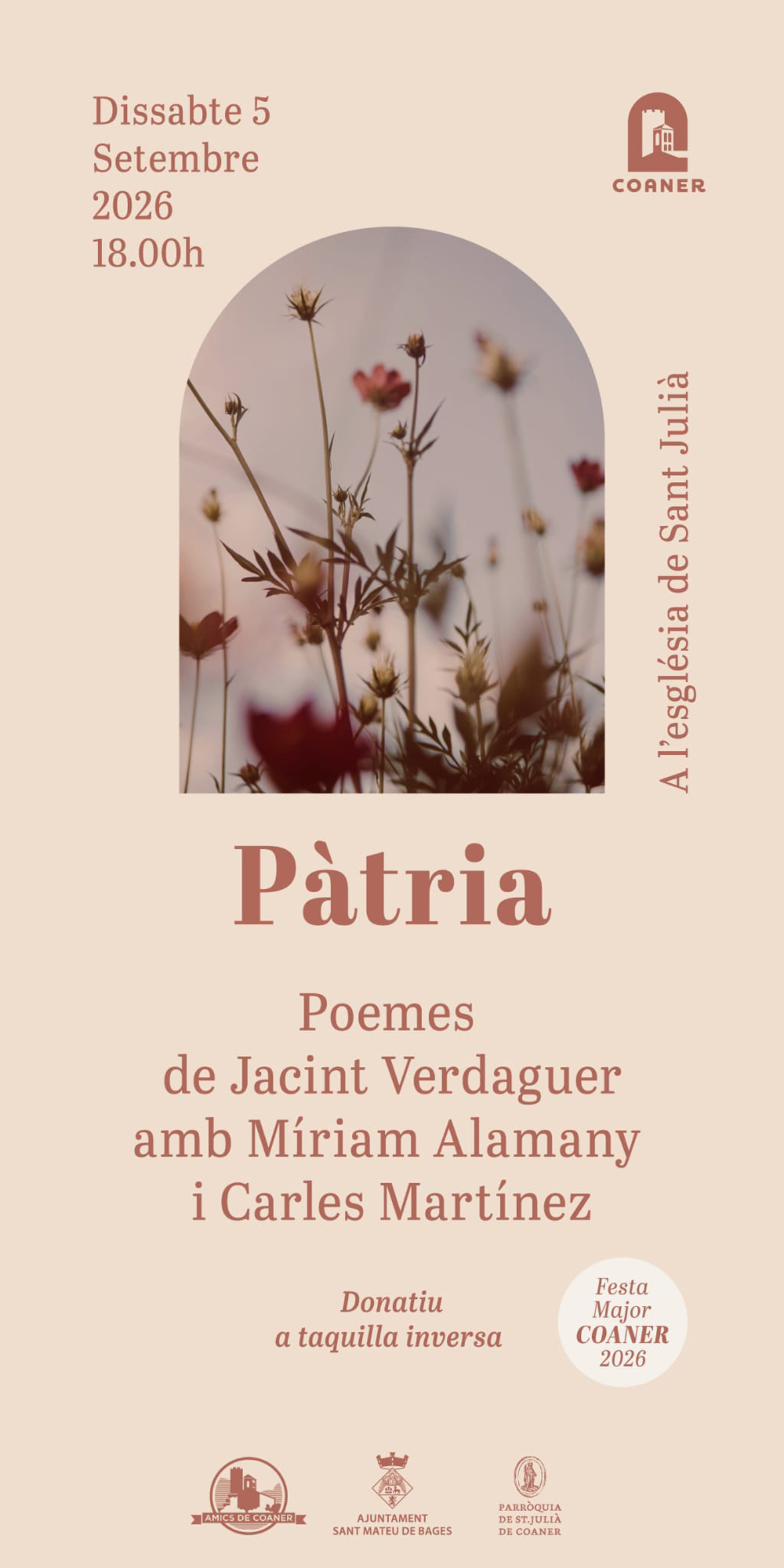 Cartell del recital po&egrave;tic a Coaner (Sant Mateu de Bages) - Dissabte 5 de setembre.