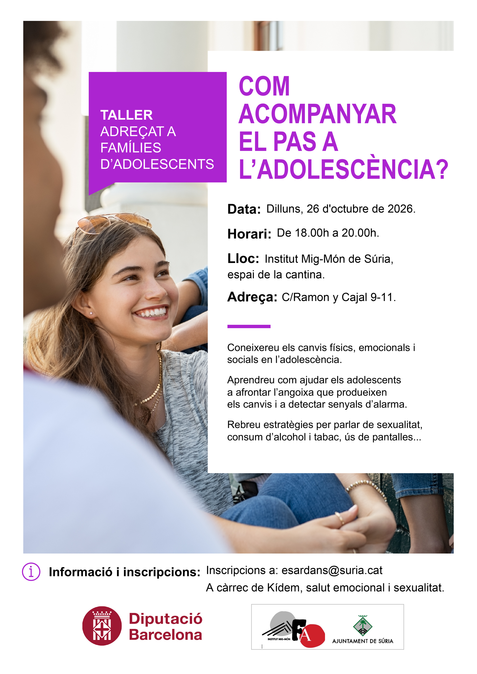 Cartell del taller 'Com acompanyar el pas a l'adolesc&egrave;ncia?' - Dilluns 26 d'octubre.