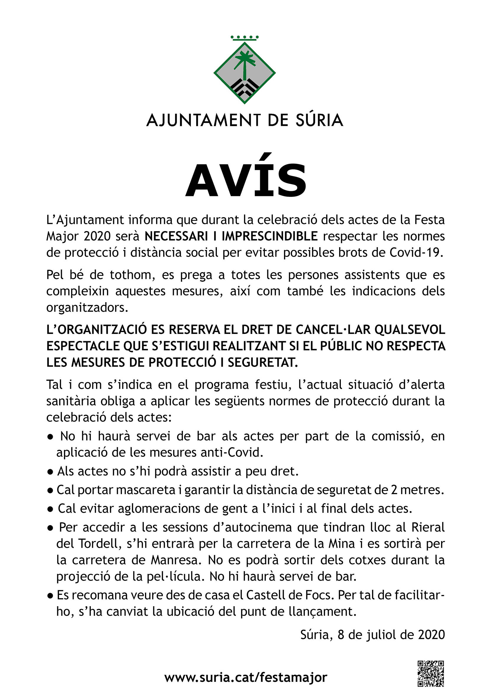Avís sobre mesures de seguretat durant els actes de la Festa Major 2020.