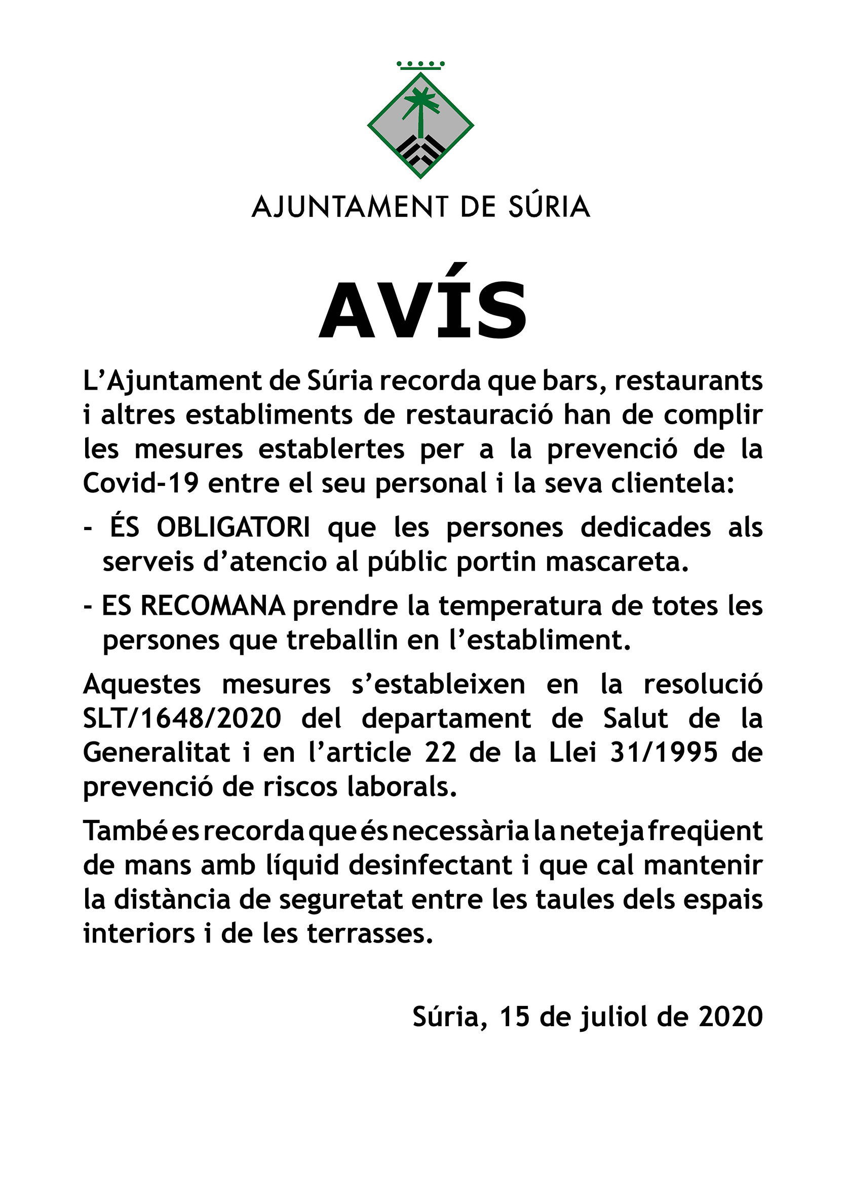 Avís de l'Ajuntament sobre mesures anti-Covid en bars, restaurants i altres establiments de restauració.