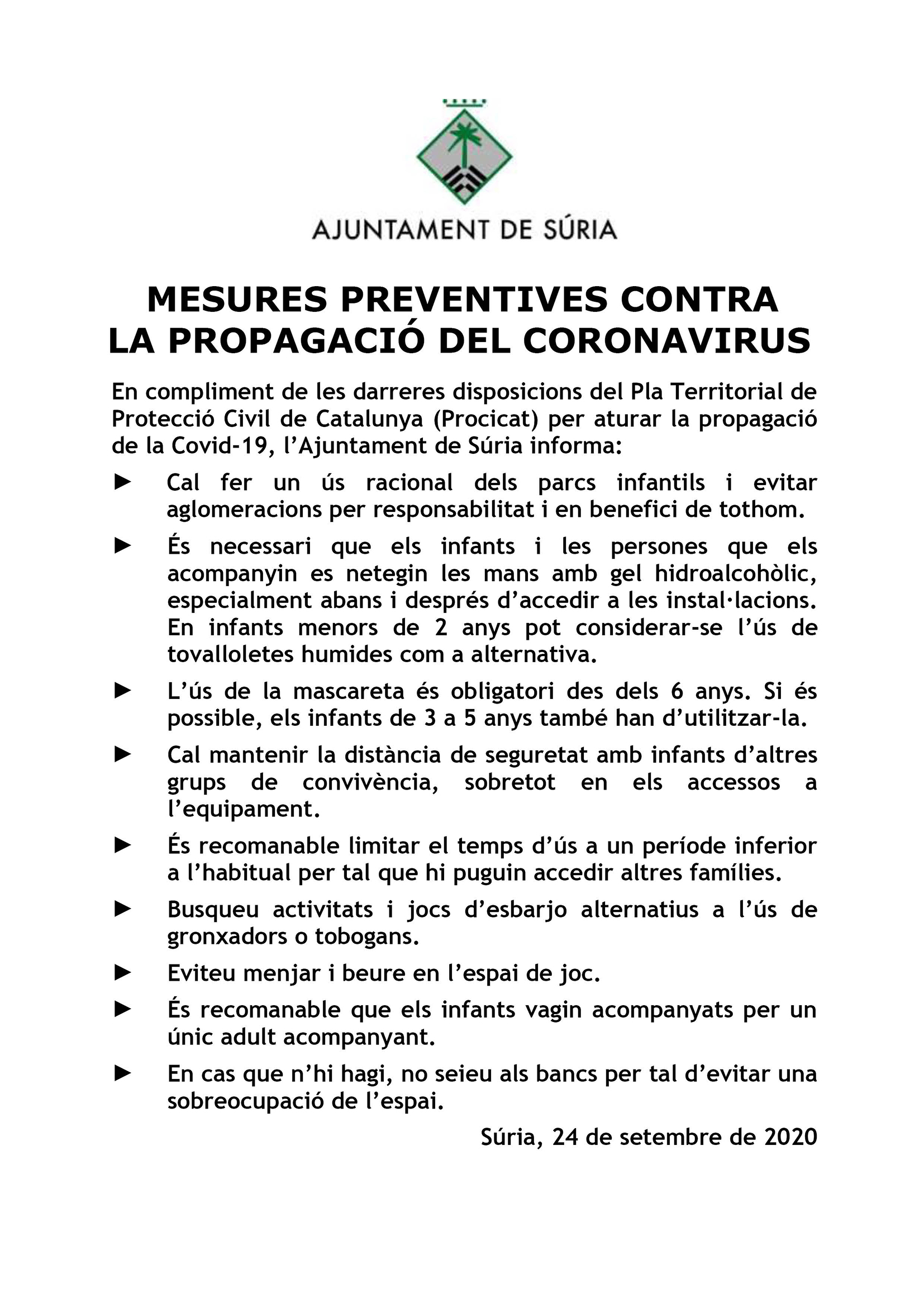 Cartell sobre mesures anti-Covid als parcs infantils - Dijous 24 de setembre.