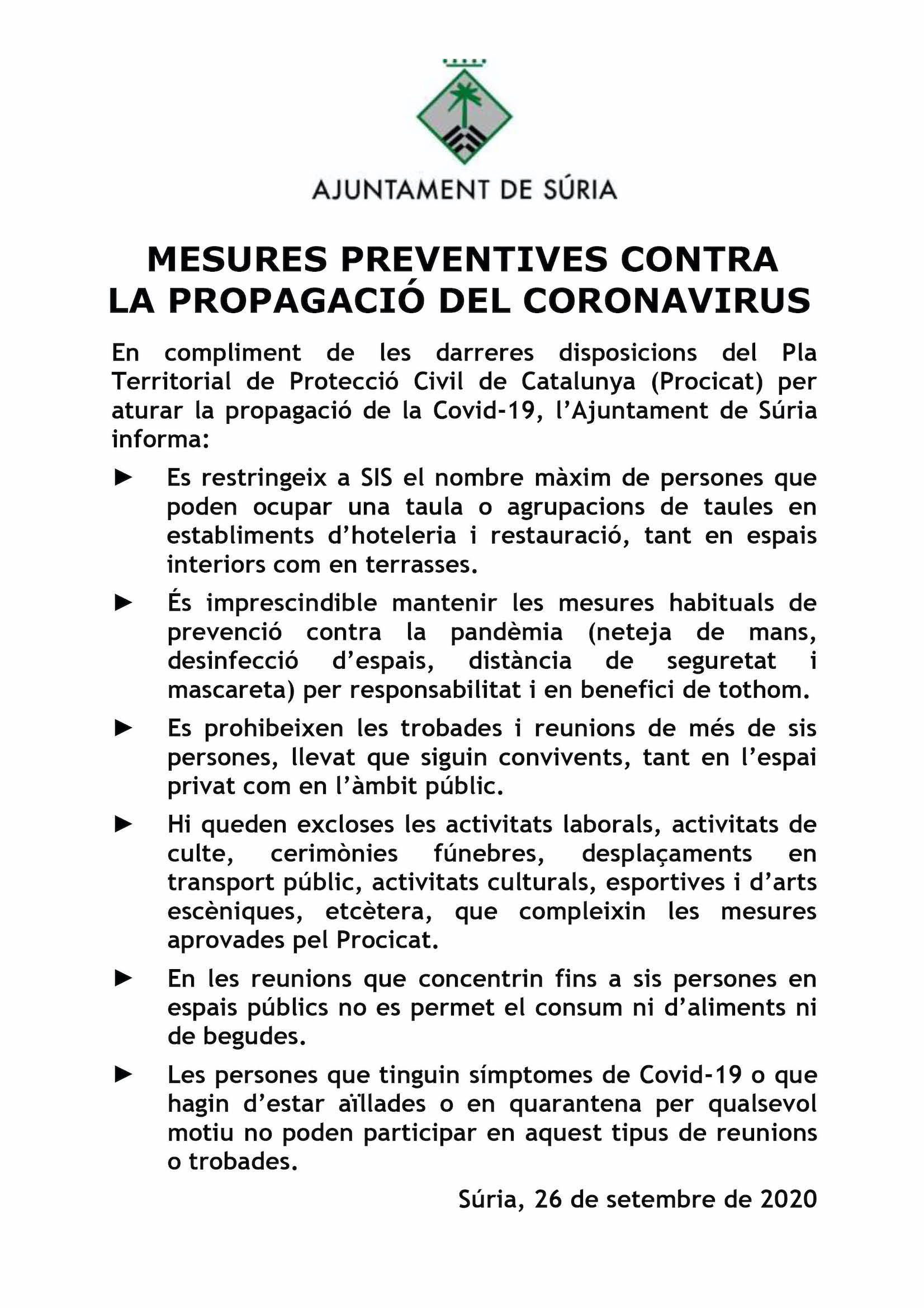 Cartell amb les noves disposicions anti-Covid - Dissabte 26 de setembre.