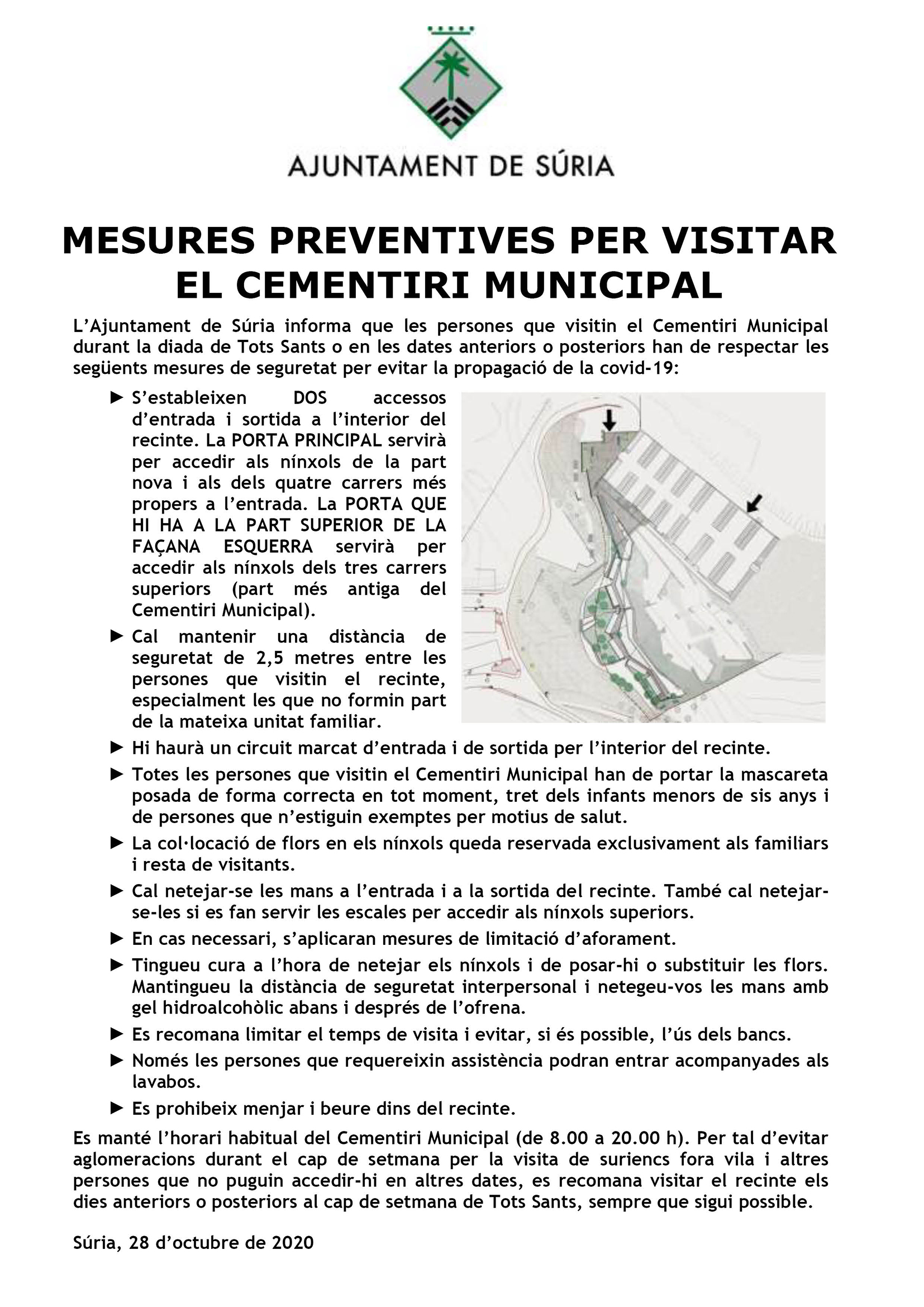 Cartell sobre les mesures preventives per visitar el Cementiri Municipal.
