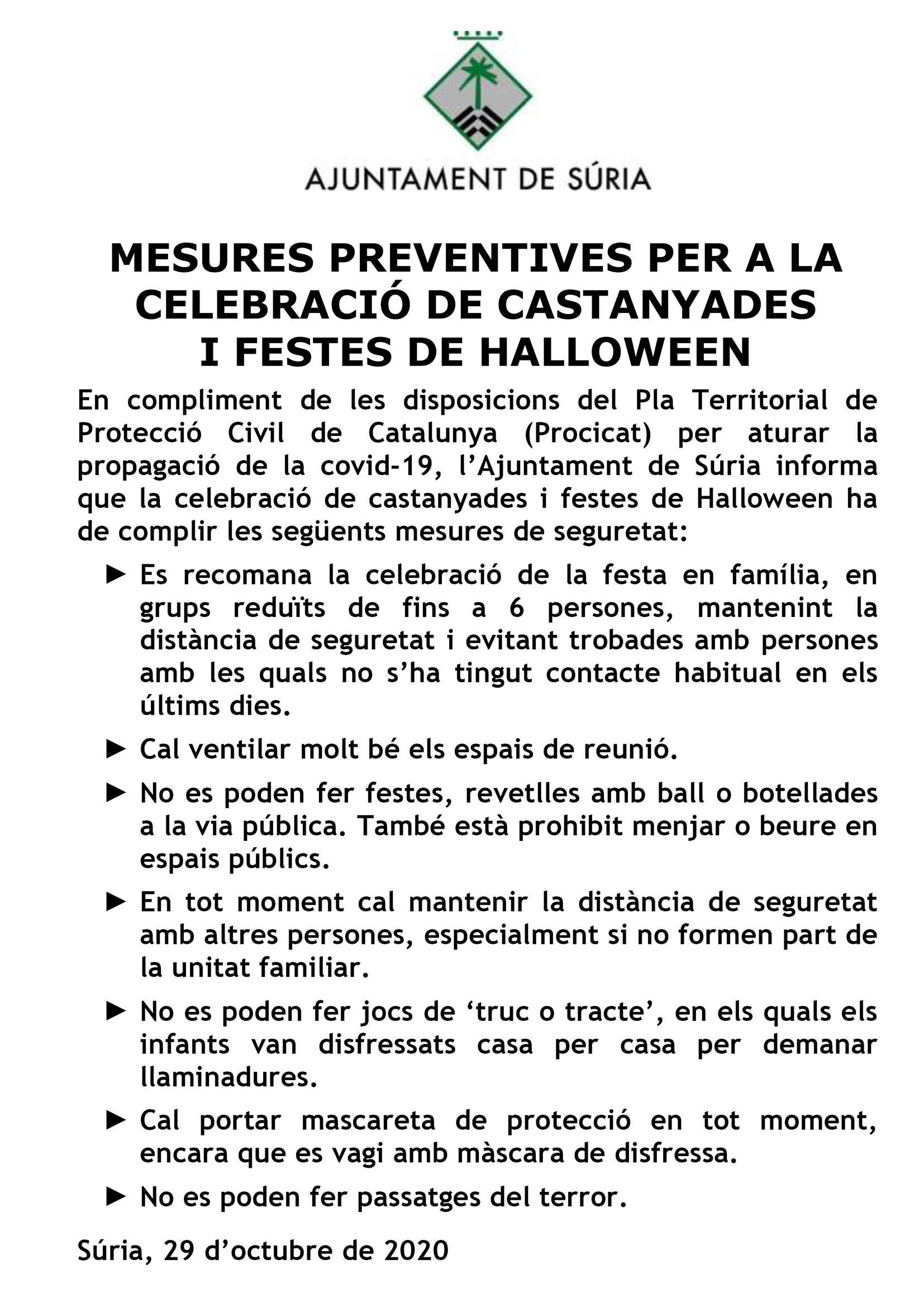 Cartell sobre les mesures preventives per a la celebració de castanyades i festes de Halloween.