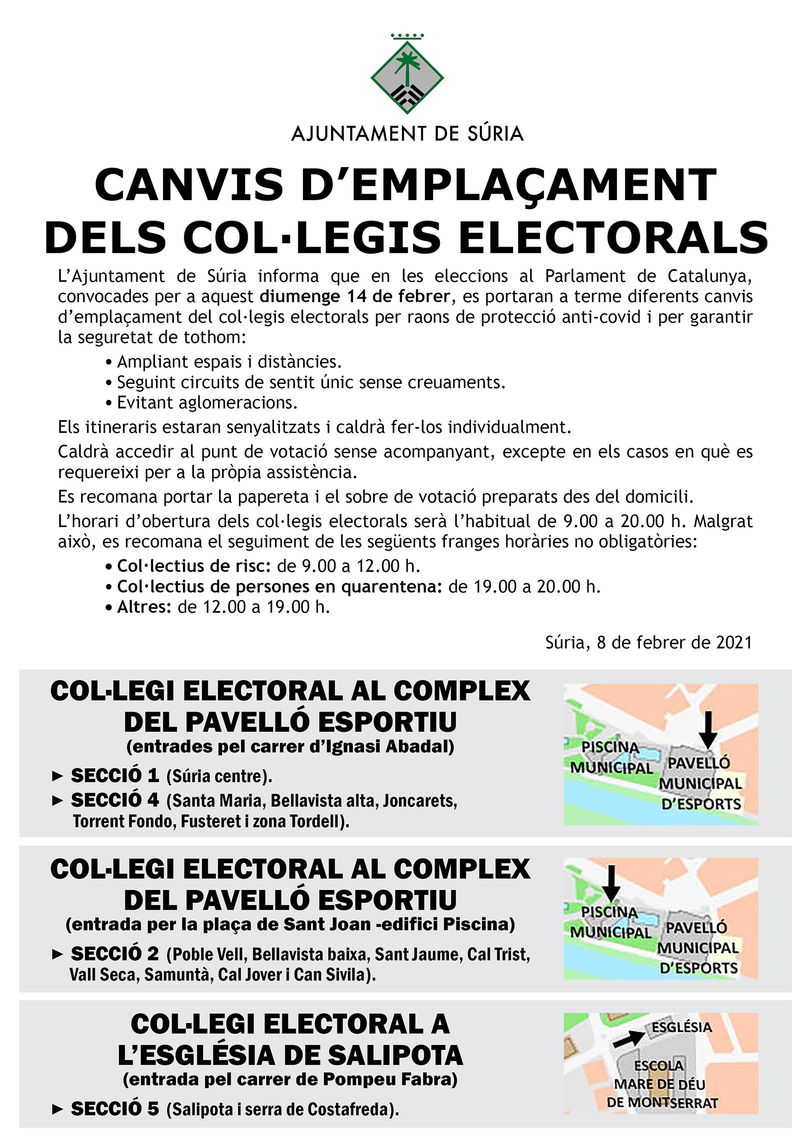 Cartell sobre els canvis d'emplaçament dels col·legis electorals per a les eleccions al Parlament de Catalunya - Diumenge 14 de febrer.