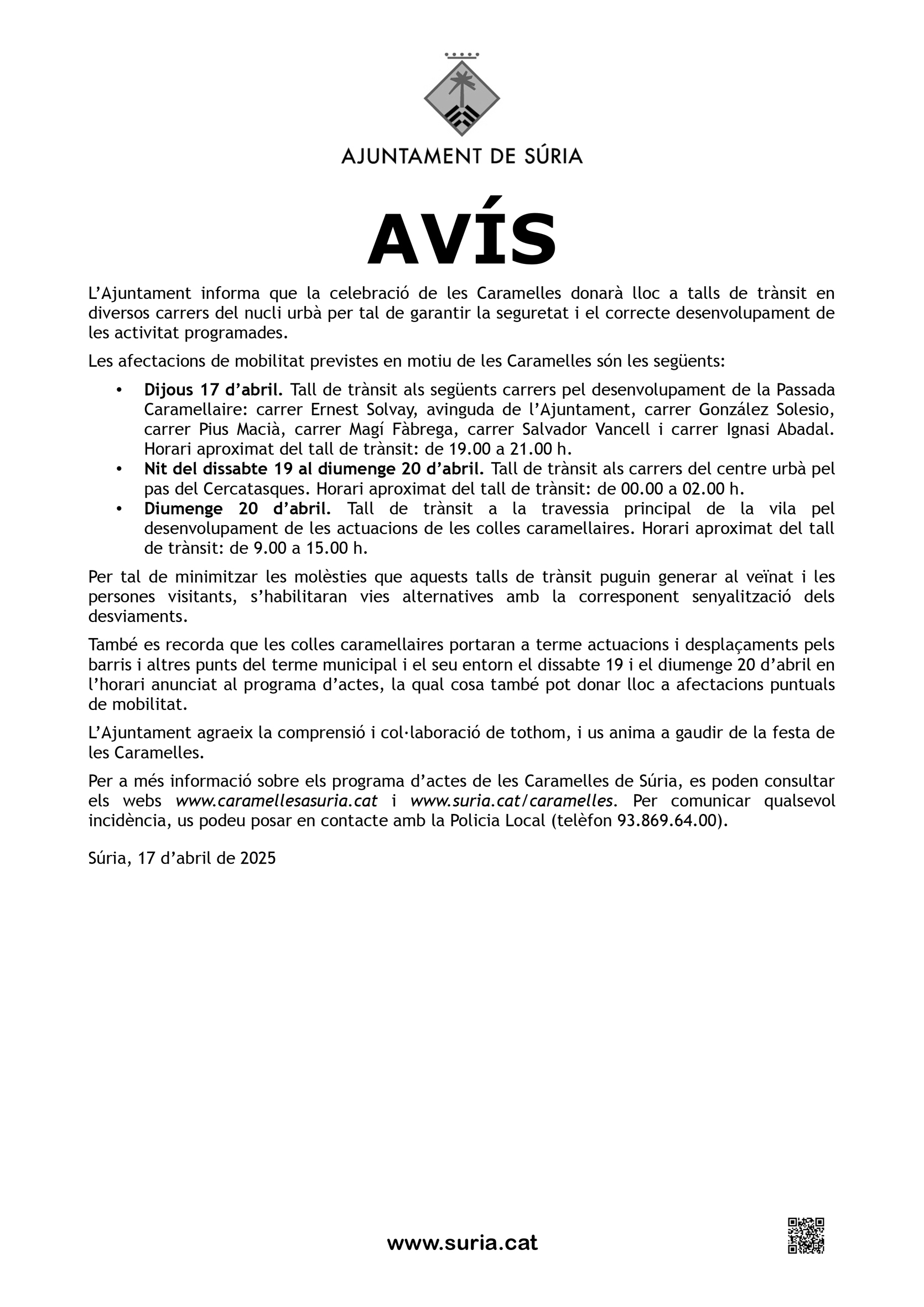 Avis de talls de trànsit durant les Caramelles 2025.