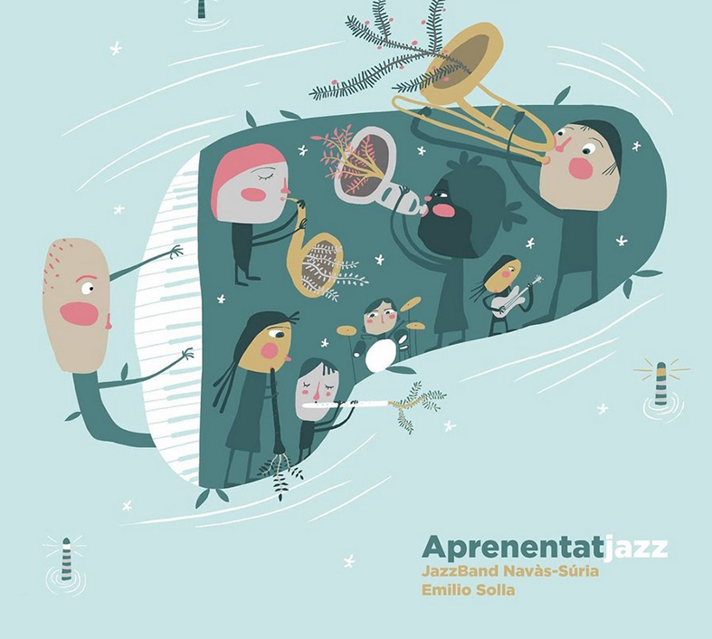Il·lustració promocional de Valentí Gubianas per al disc 'Aprenentatjazz' de la Jazzband Navàs-Súria i el prestigiós intèrpret i compositor argentí Emilio Solla.