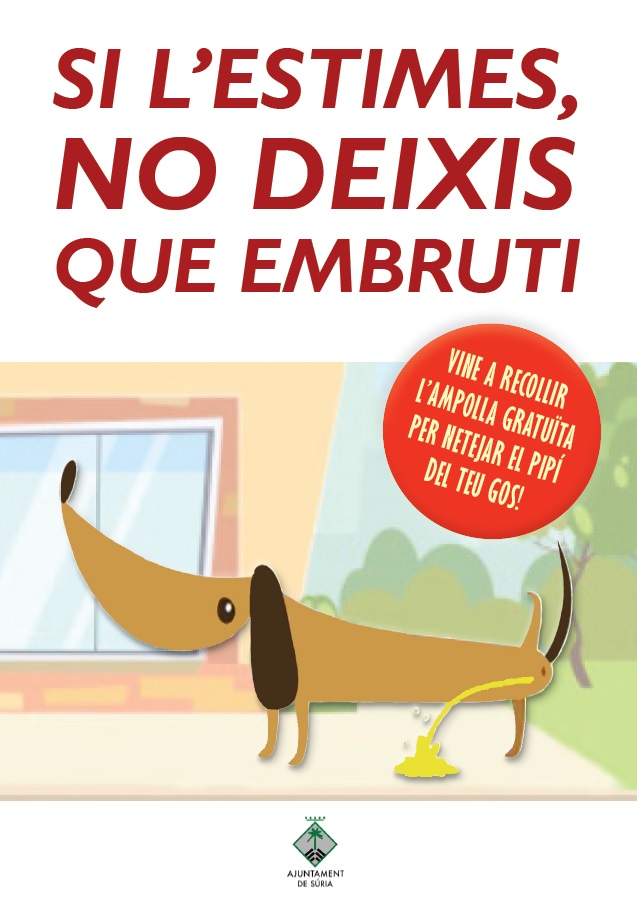 Portada del full informatiu de la campanya de distribució d'ampolles reutilitzables per netejar l'orina dels gossos a la via pública.