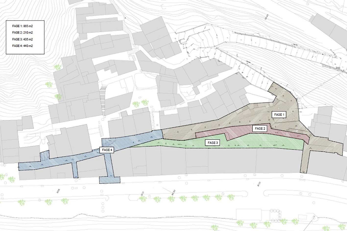 Plànol de delimitació de l'àmbit de les quatre fases del projecte d'urbanització als carrers Sant Sebastià i Sant Jaume.