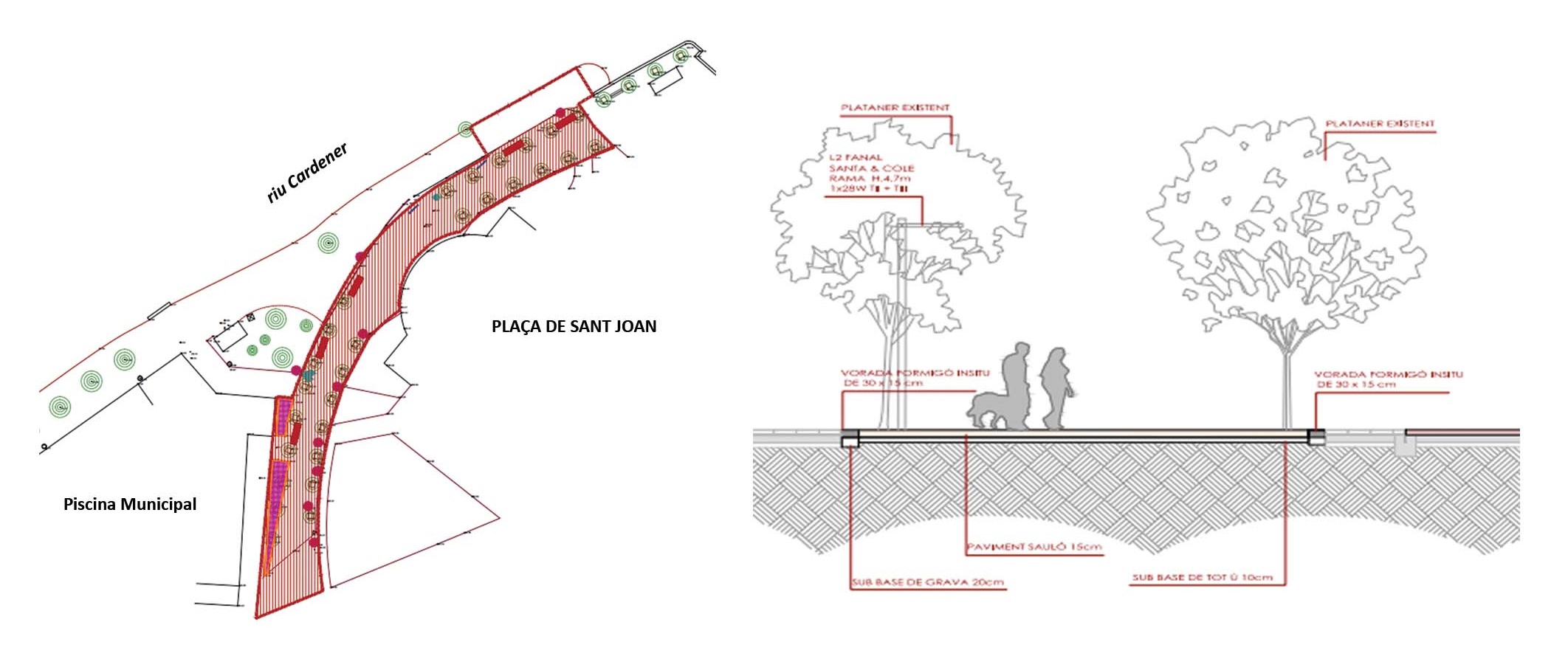 Plànol i secció de l'àrea d'actuació del projecte de millora del passeig de la plaça de Sant Joan.