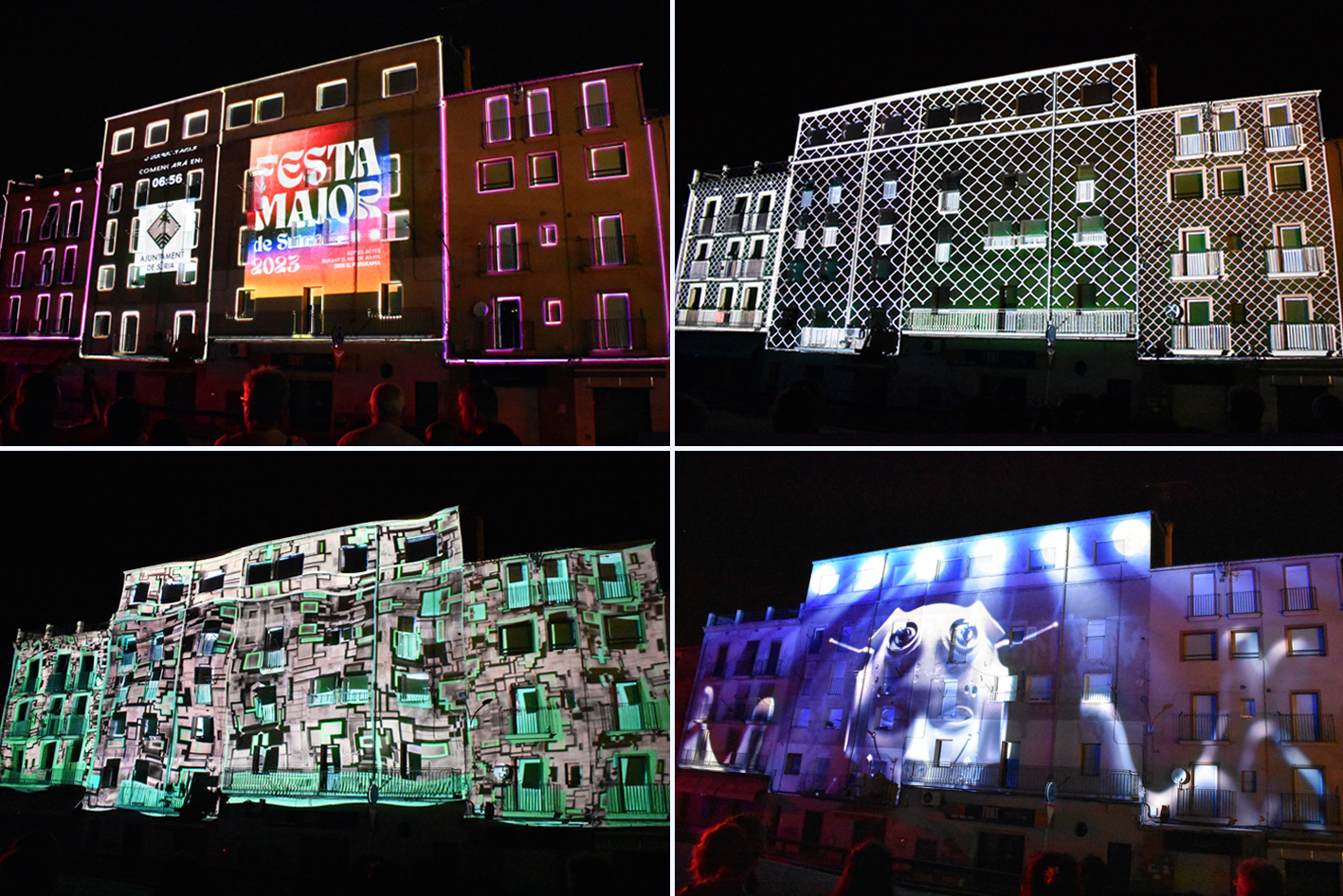 Imatges del mÃ pping de la Festa Major de SÃºria 2023, projectat sobre les faÃ§anes a lâ€™entorn de la rotonda del pont de Salipota.