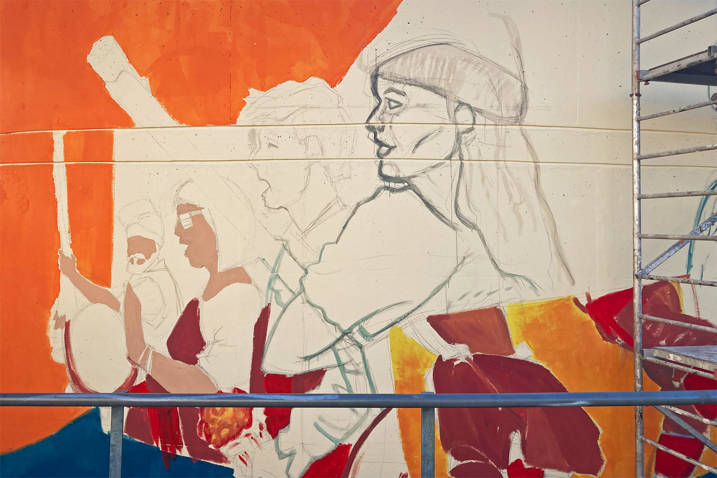 Detall del nou mural de Caramelles a l'Estació d'Autobusos, en procés de realització.