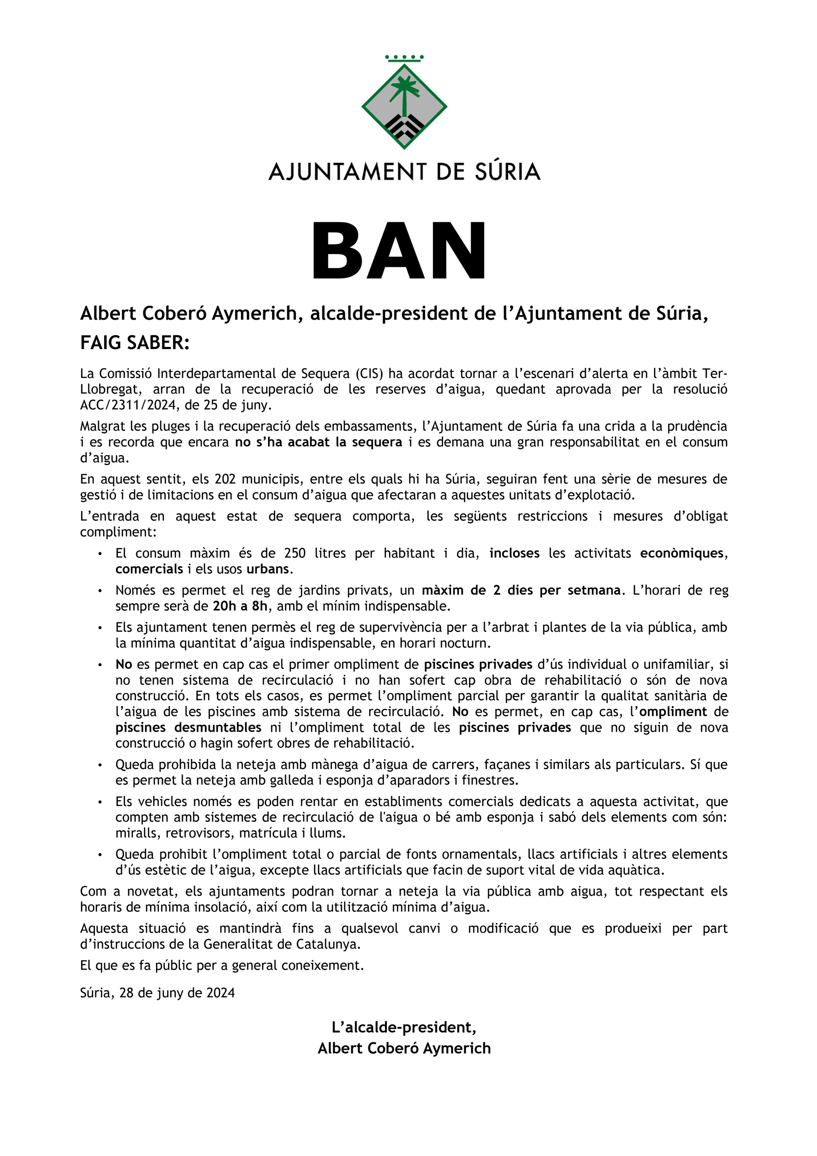 Ban de l'Ajuntament de Súria sobre l'estat d'alerta per sequera - Divendres 28 de juny.