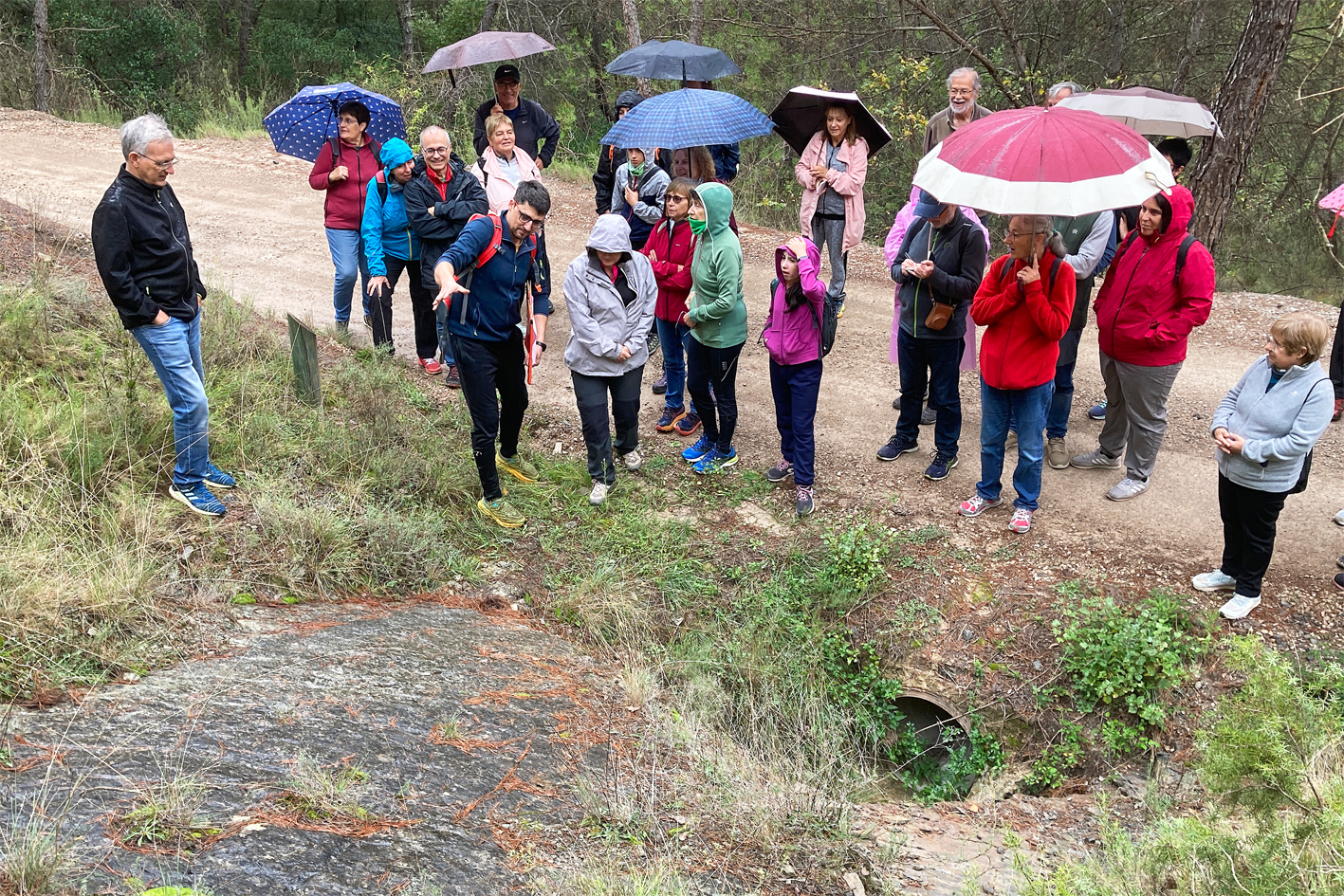 El geòleg Carles Fàbrega parla durant l'itinerari geològic de les Jornades Europees del Patrimoni, davant les petjades fòssils del camí de Coaner (Sant Mateu de Bages).