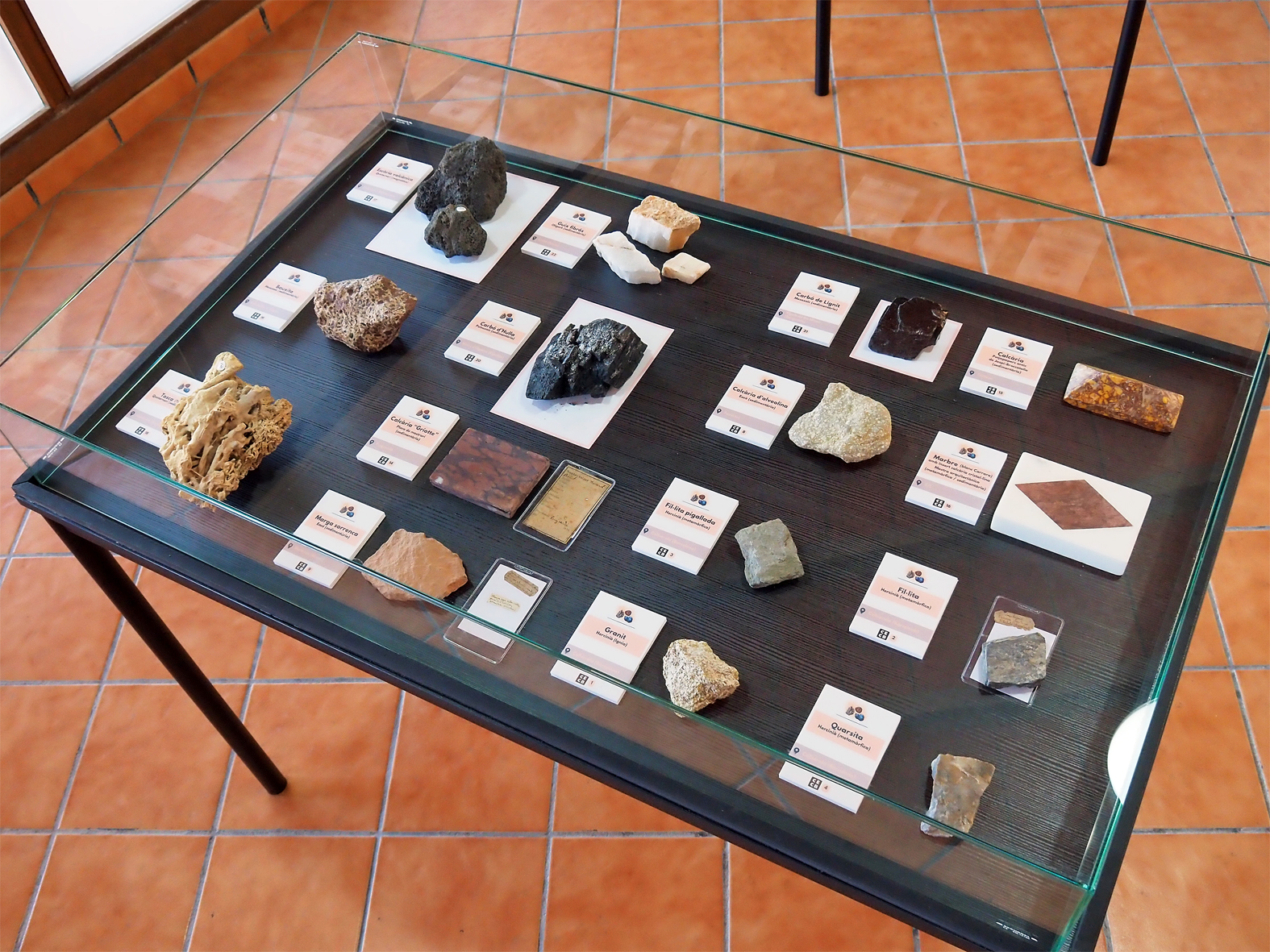 Vitrina de l'exposiciÃ³ permanent 'Minerals i roques: un patrimoni a descobrir' al Museu de la Mineria de SÃºria.