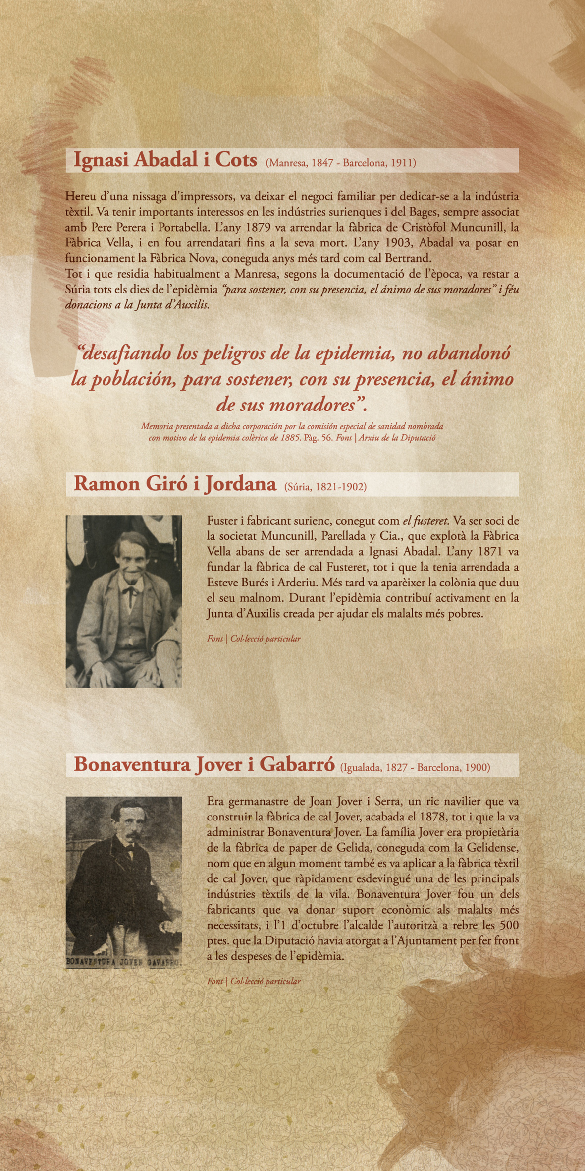 PlafÃ³ de l'exposicio 'EpidÃ¨mia, solidaritat i progrÃ©s. El cÃ²lera de 1885 a SÃºria'.