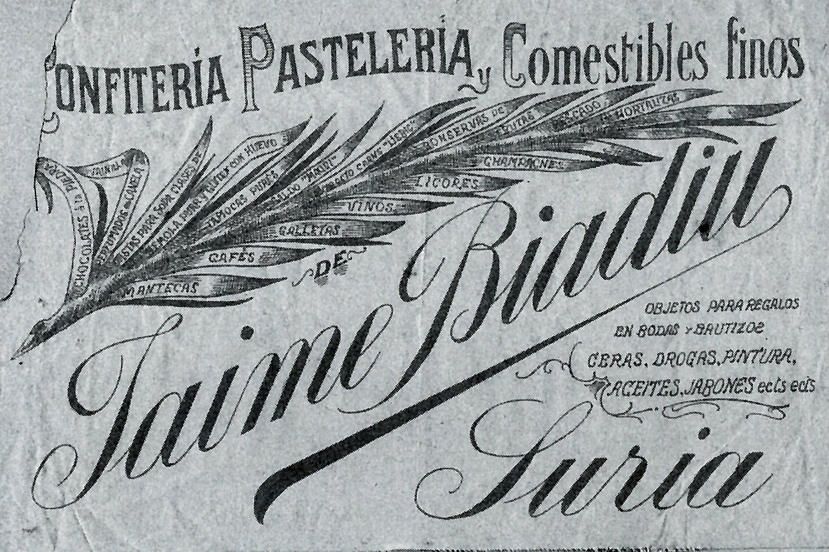 Anunci de la botiga de Cal Biadiu (font: llibre 'Ramon Biadiu (1906-1984). Cineasta d'avantguarda').
