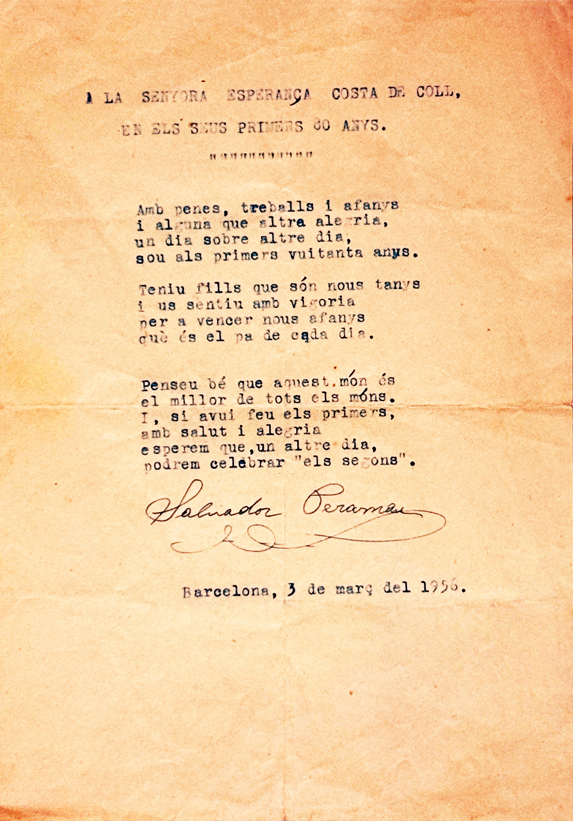 Any 1956 - Mecanoscrit del poema 'A la senyora EsperanÃ§a Costa de Coll, en els seus primers 80 anys' de Salvador Perarnau.