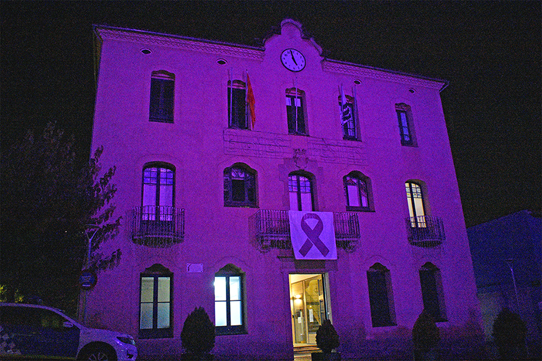La façana de la Casa de la Vila, il·luminada i amb el llaç simbòlic d'adhesió al Dia Internacional per l'eliminació de la violència envers les dones.